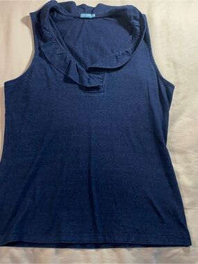 J. McLaughlin Blue Ruffled Neck Catalina Cloth Top Large Resort Coastal Preppy